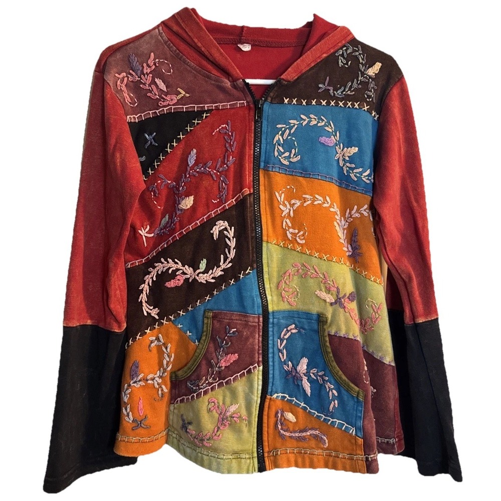 Boho Patchwork‎ Embroidered Zip Hoodie Jacket Women's – Handmade in Nepal Med